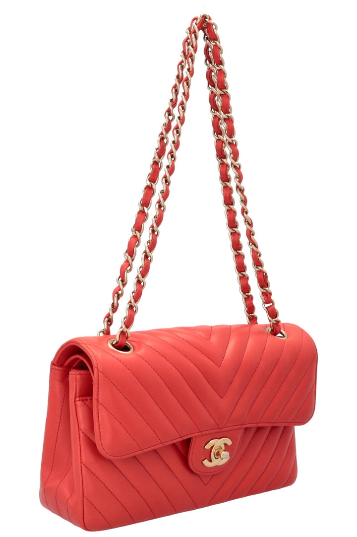 CHANEL Small Chevron Double Flap Bag Coral