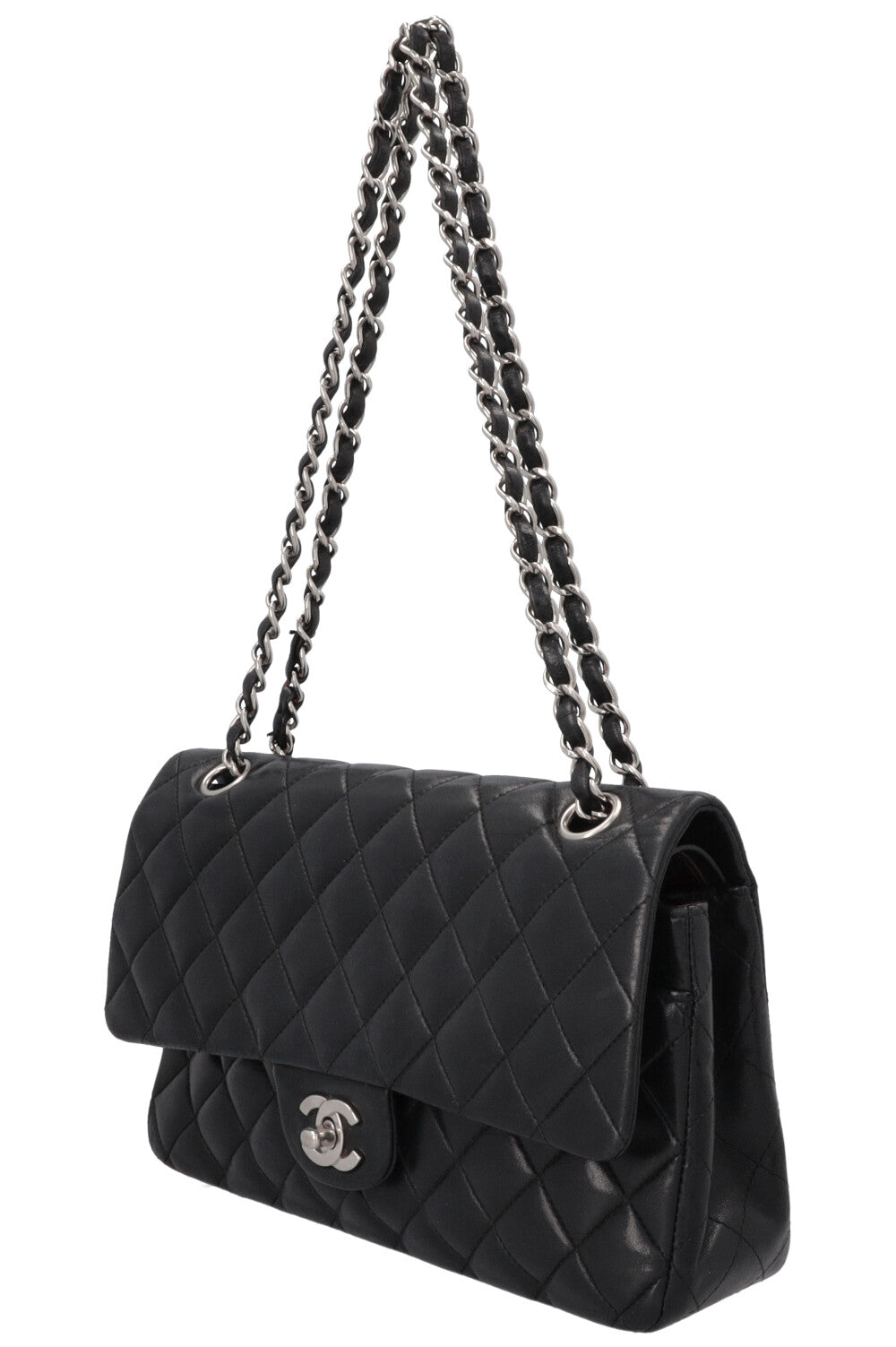 CHANEL Vintage Medium Double Flap Bag Black Silver