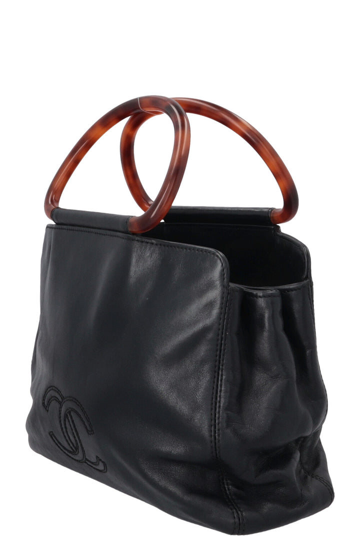 CHANEL Two Handle Tote Bag Lambskin Tortoise Black
