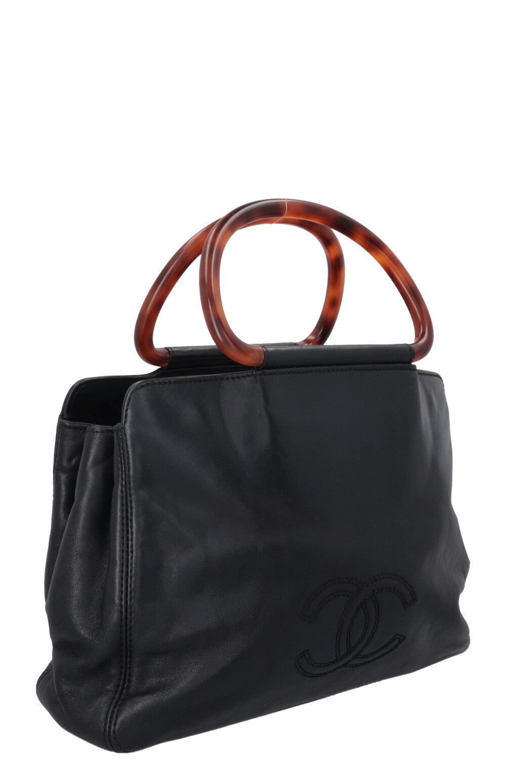 CHANEL Two Handle Tote Bag Lambskin Tortoise Black