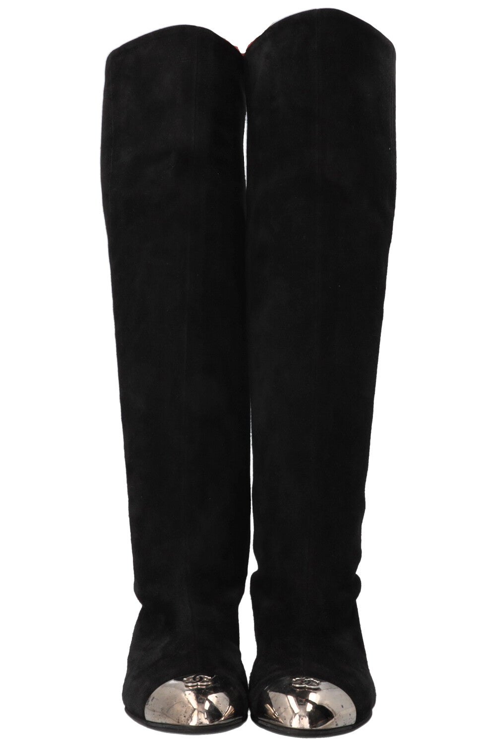 CHANEL Metal Cap CC Knee High Boots Suede Black