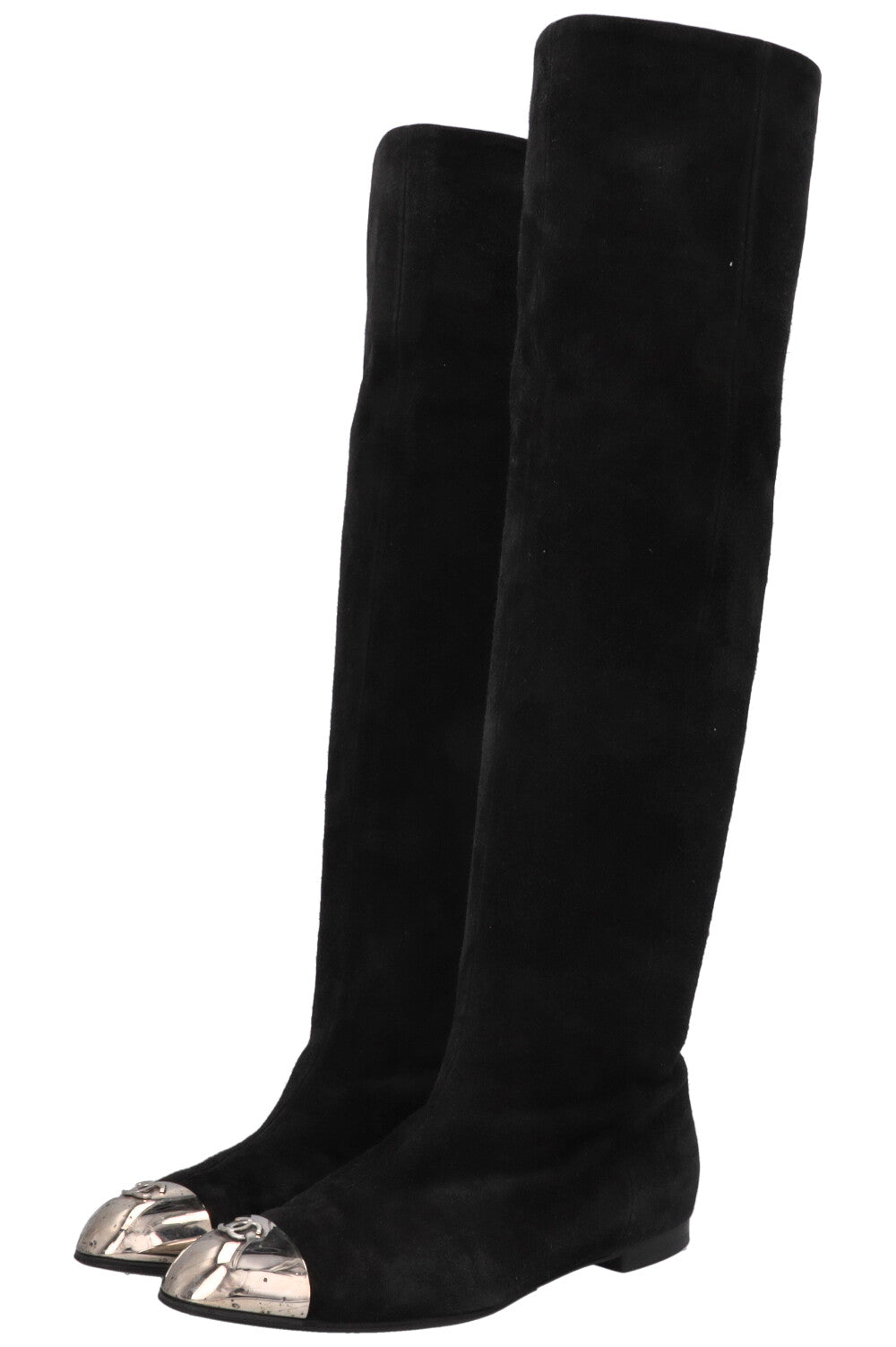 CHANEL Metal Cap CC Knee High Boots Suede Black