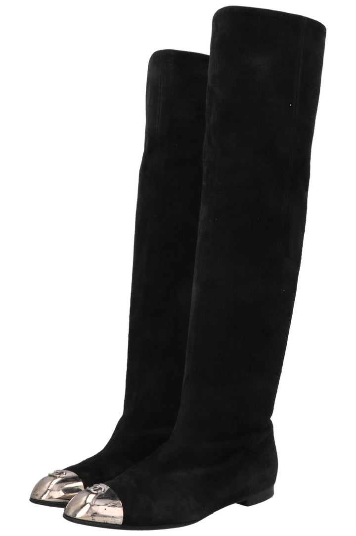 CHANEL Metal Cap CC Knee High Boots Suede Black