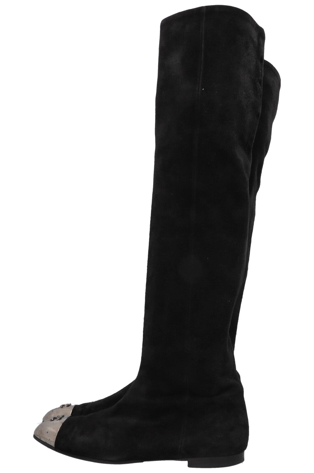 CHANEL Metal Cap CC Knee High Boots Suede Black