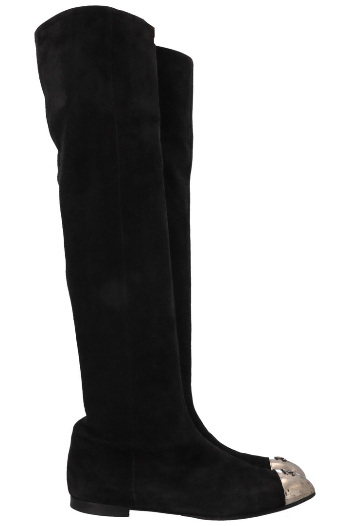 CHANEL Metal Cap CC Knee High Boots Suede Black