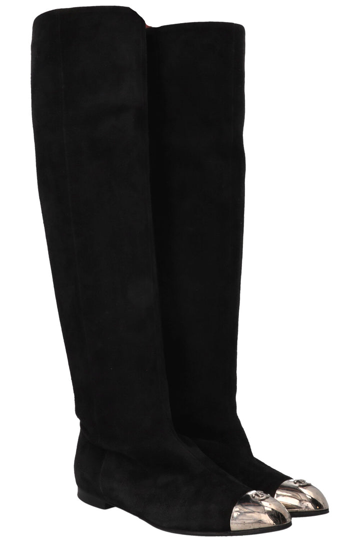 CHANEL Metal Cap CC Knee High Boots Suede Black