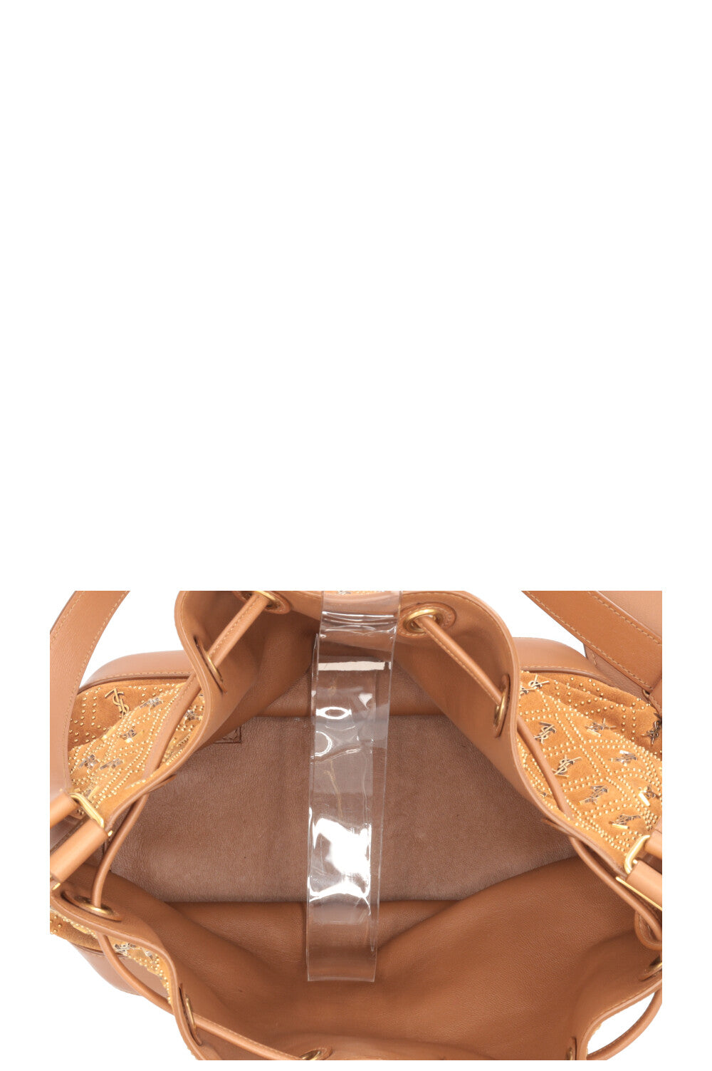 SAINT LAURENT Le Monogramme Studded Bucket Bag Suede Brown