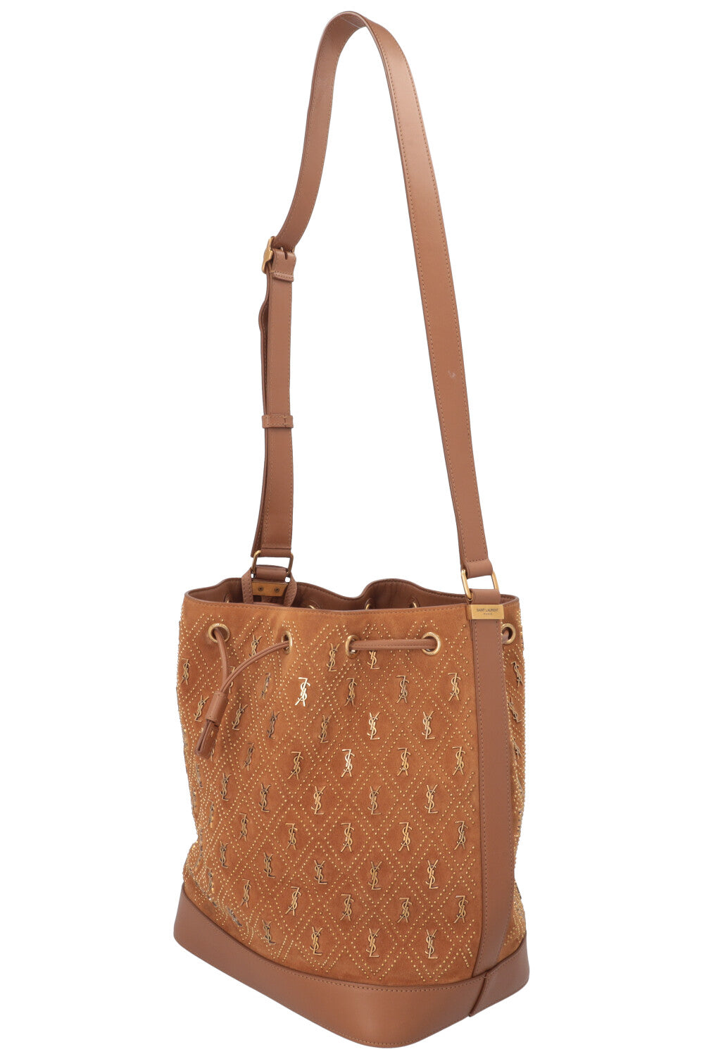 SAINT LAURENT Le Monogramme Studded Bucket Bag Suede Brown