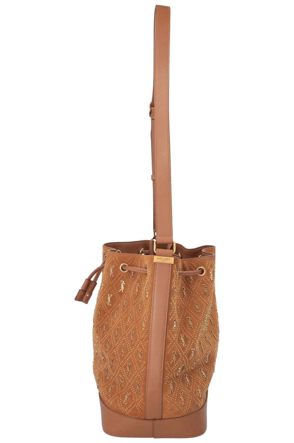 SAINT LAURENT Le Monogramme Studded Bucket Bag Suede Brown