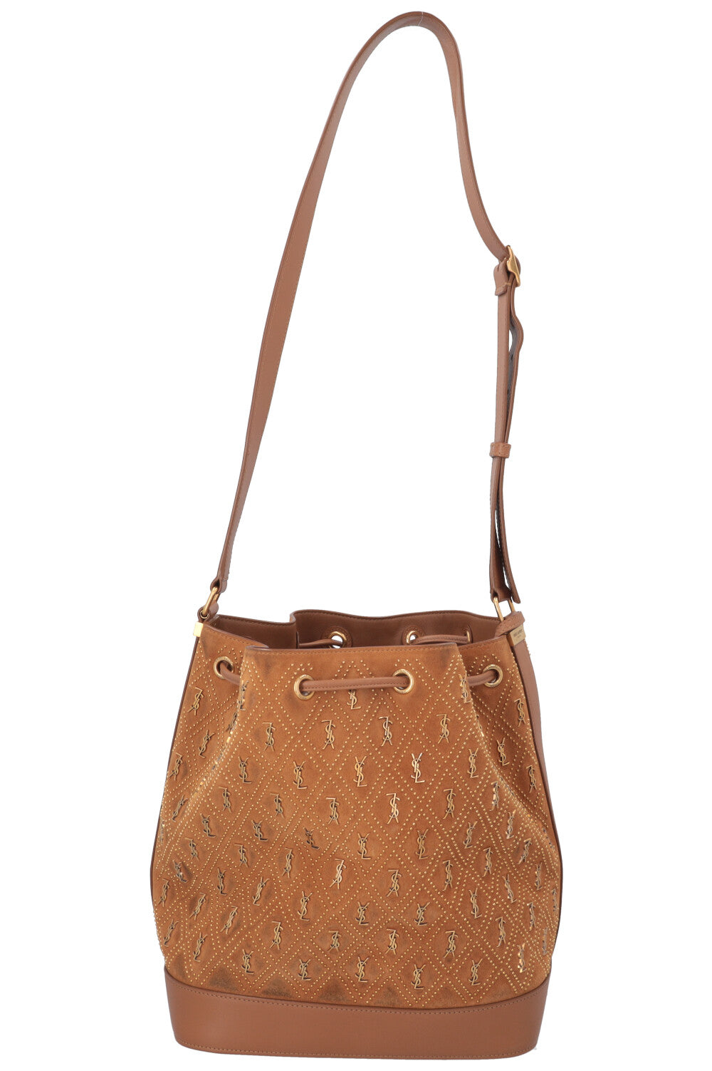 SAINT LAURENT Le Monogramme Studded Bucket Bag Suede Brown