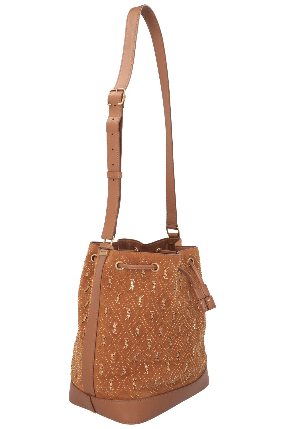 SAINT LAURENT Le Monogramme Studded Bucket Bag Suede Brown