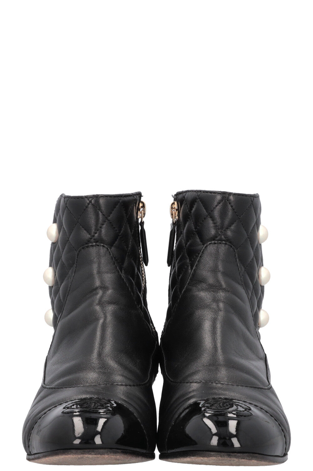 CHANEL Quilted Pearl Boots Leather Black