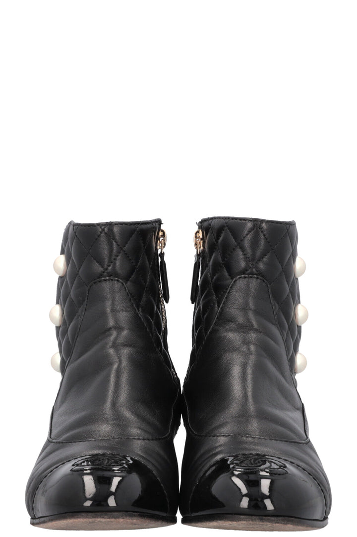 CHANEL Quilted Pearl Boots Leather Black