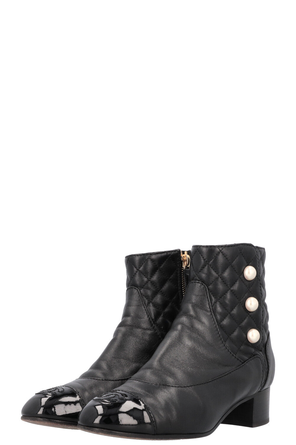 CHANEL Quilted Pearl Boots Leather Black