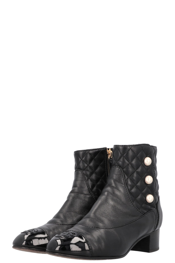 CHANEL Quilted Pearl Boots Leather Black