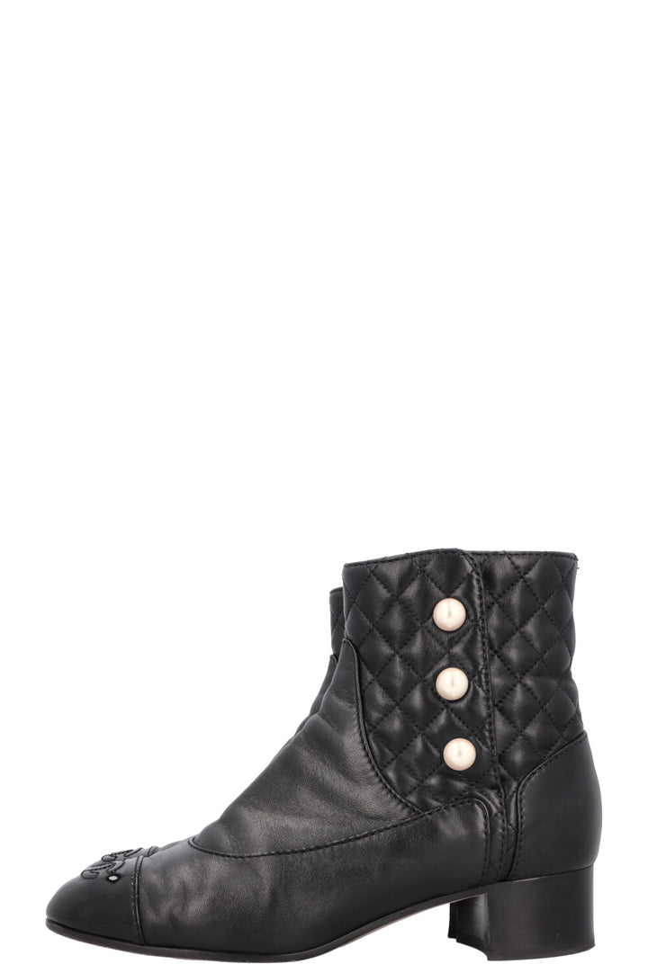 CHANEL Quilted Pearl Boots Leather Black
