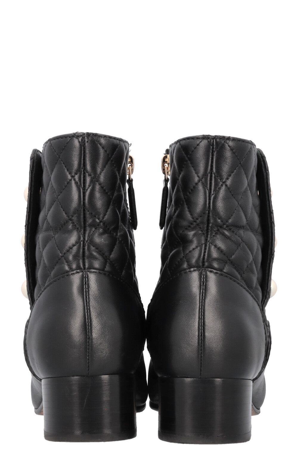 CHANEL Quilted Pearl Boots Leather Black