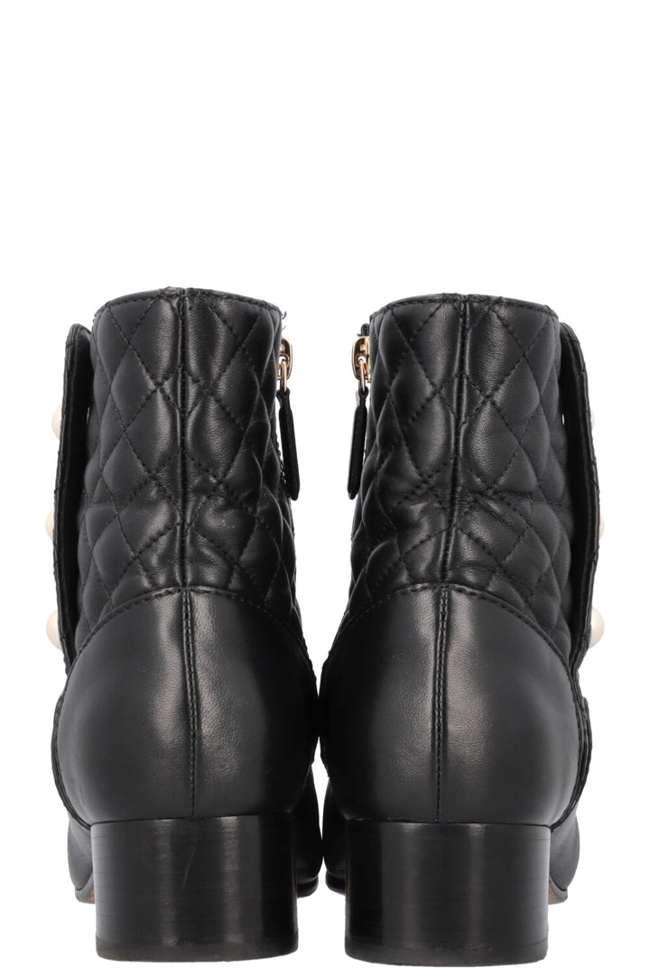 CHANEL Quilted Pearl Boots Leather Black