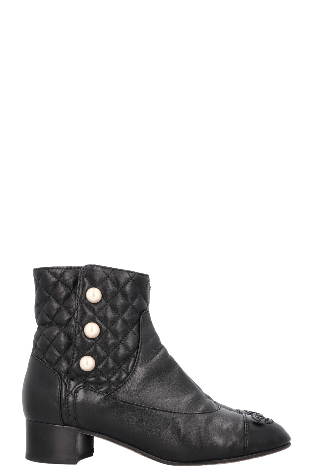 CHANEL Quilted Pearl Boots Leather Black