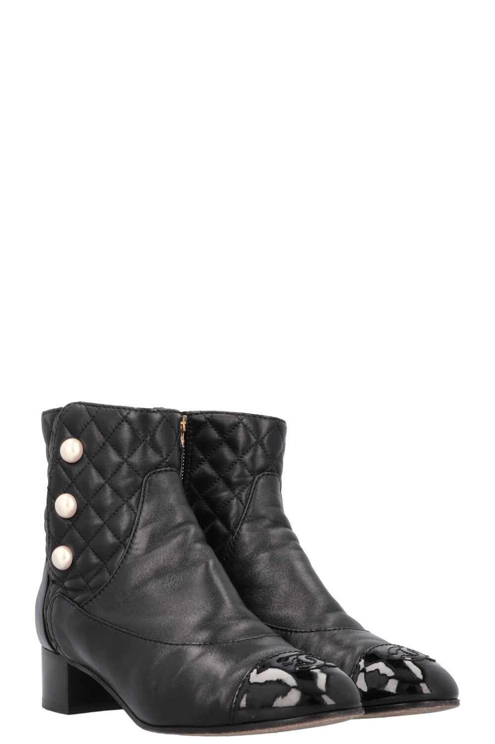 CHANEL Quilted Pearl Boots Leather Black