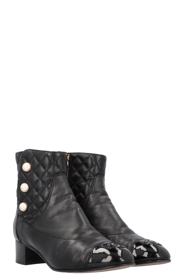 CHANEL Quilted Pearl Boots Leather Black