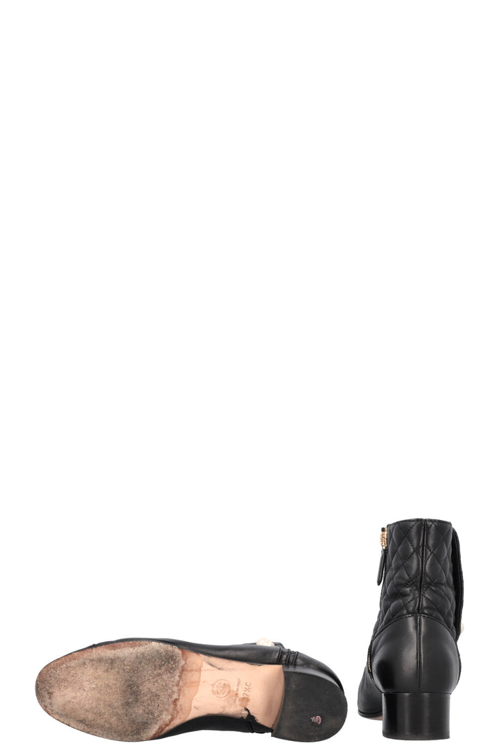CHANEL Quilted Pearl Boots Leather Black