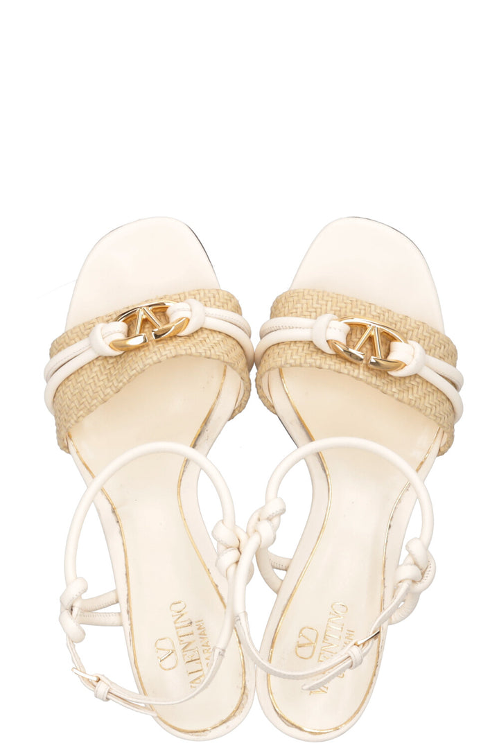 VALENTINO V Logo Raffia Trimmed Sandals White