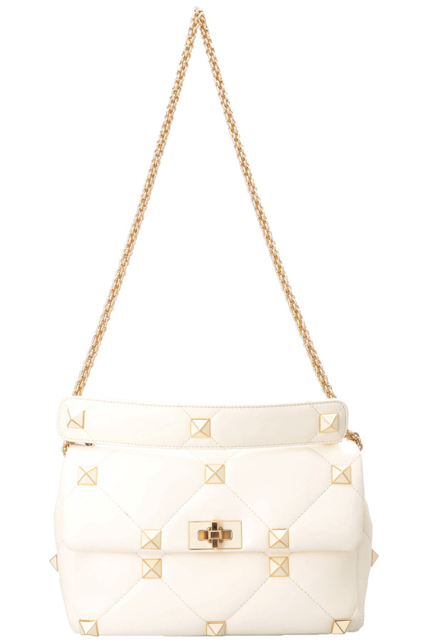 VALENTINO Medium Roman Stud Top Handle Bag Ivory