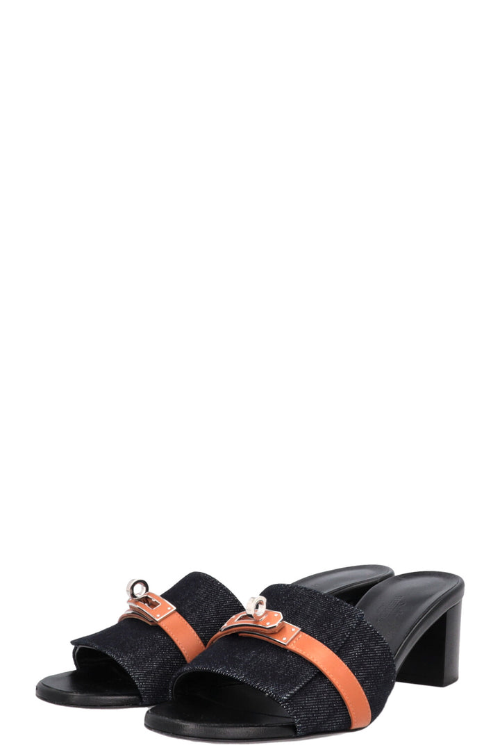HERMÈS Gigi 50 Mules Denim Cuir Bleu