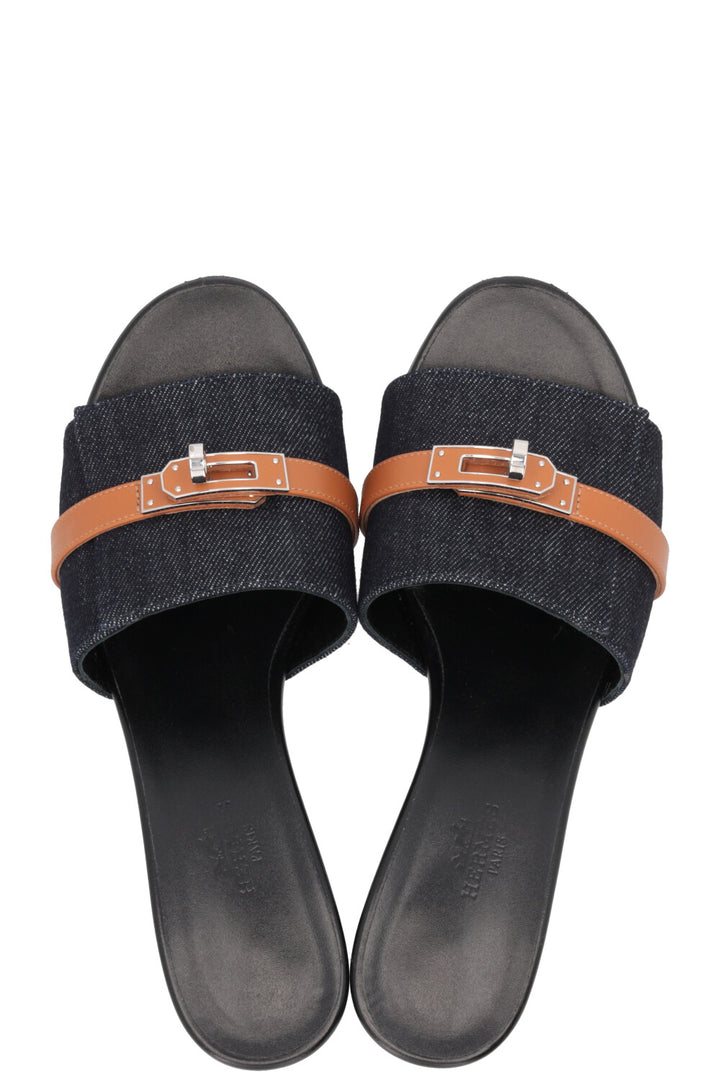 HERMÈS Gigi 50 Mules Denim Cuir Bleu
