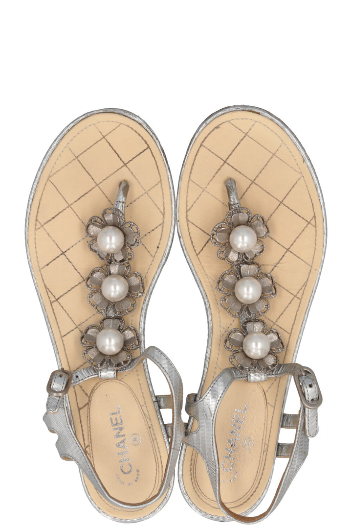 CHANEL Metallic Flower Flats Silver