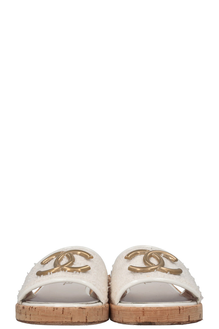 CHANEL CC Tweed Slides Off-White