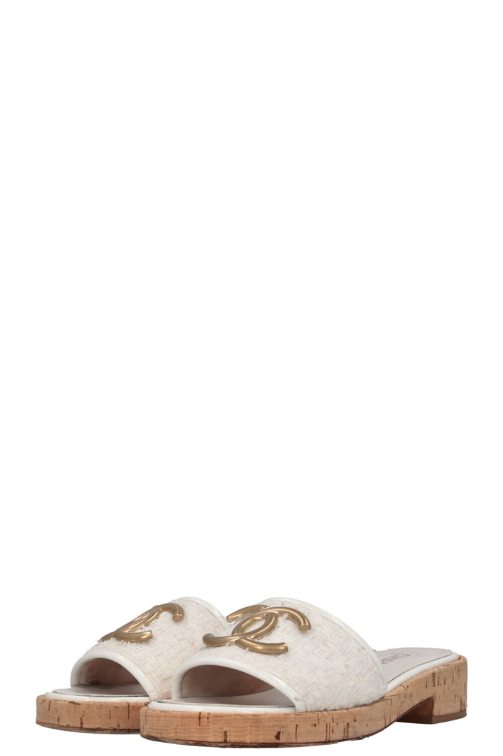 CHANEL CC Tweed Slides Off-White
