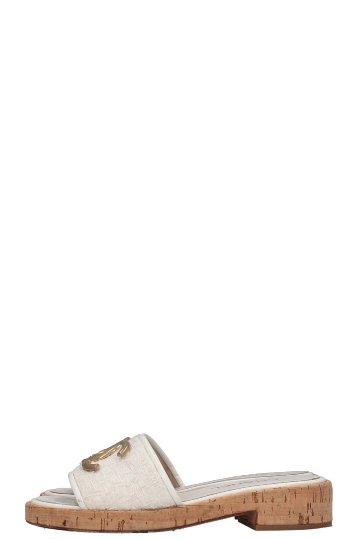 CHANEL CC Tweed Slides Off-White