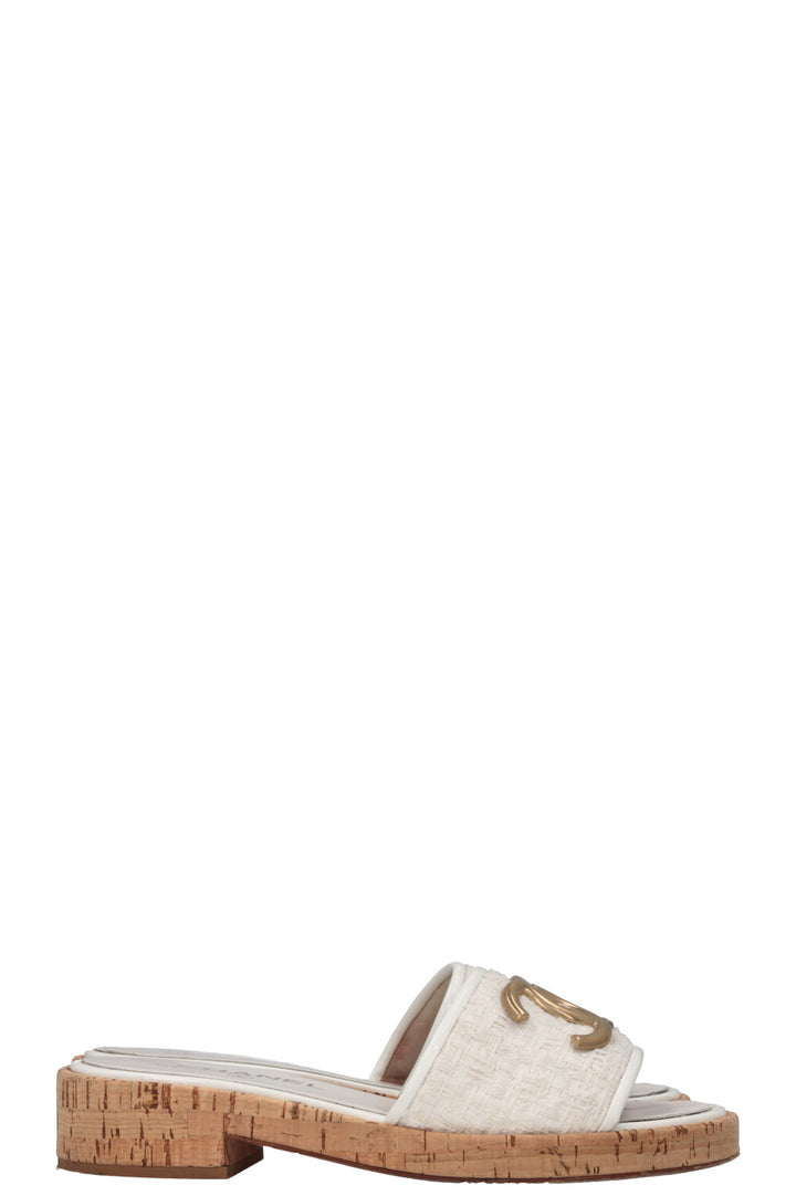 CHANEL CC Tweed Slides Off-White