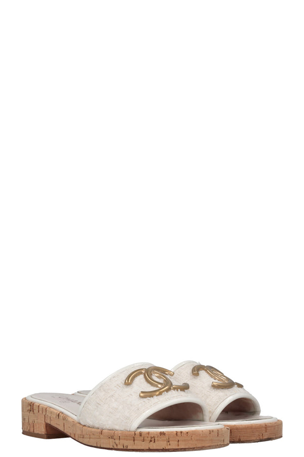 CHANEL CC Tweed Slides Off-White