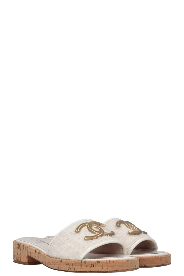CHANEL CC Tweed Slides Off-White