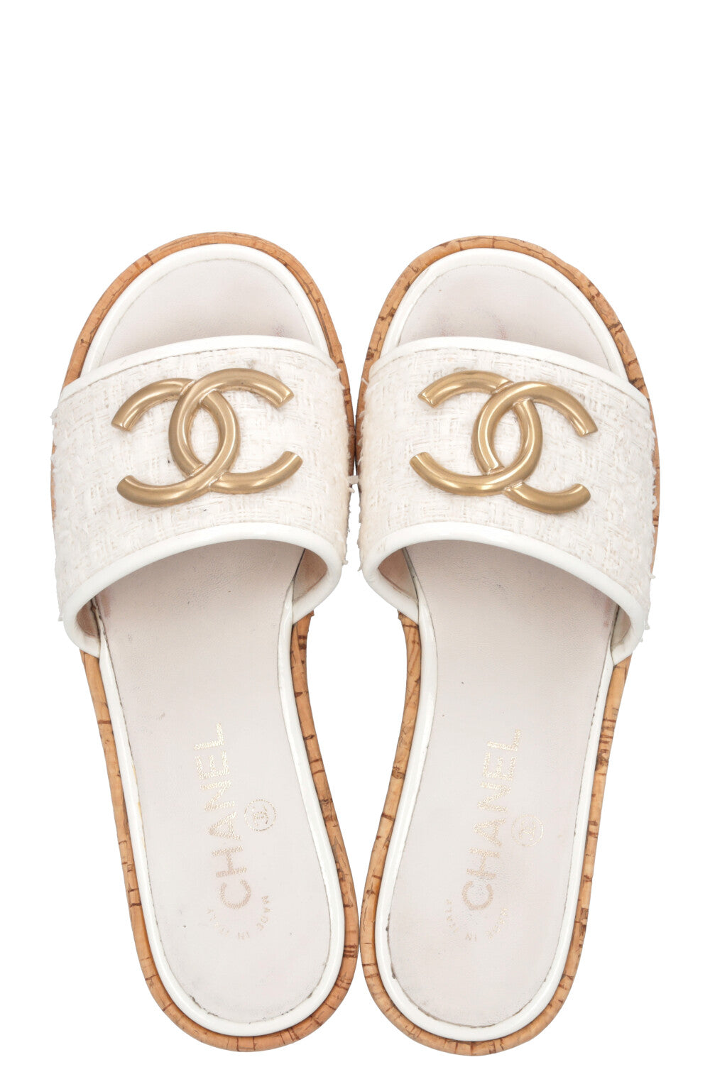 CHANEL CC Tweed Slides Off-White
