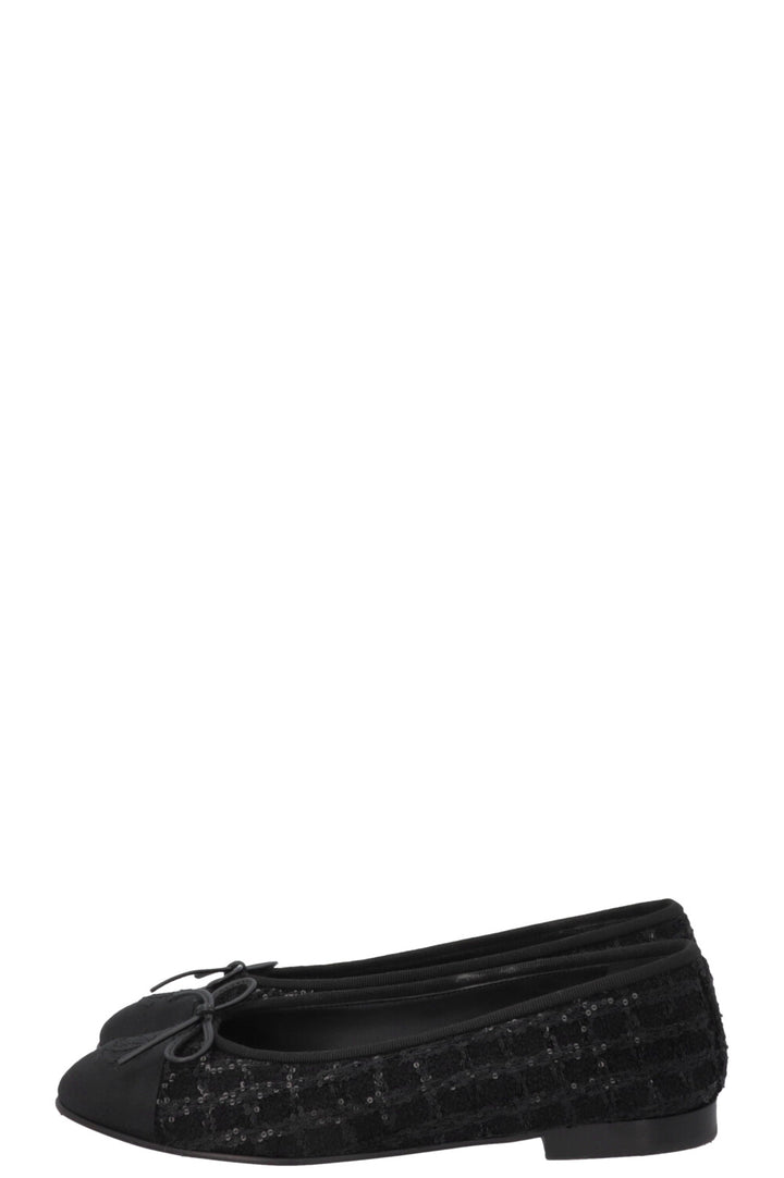 CHANEL Classic Ballet Flats Tweed Sequins Black