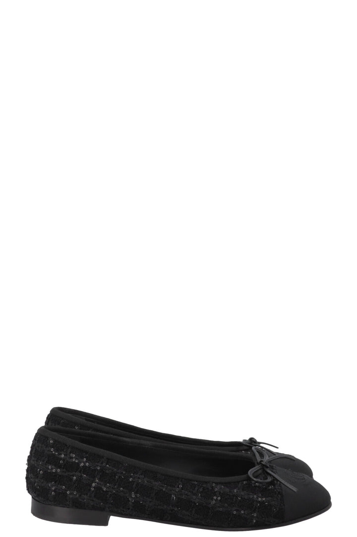 CHANEL Classic Ballet Flats Tweed Sequins Black