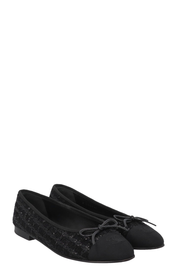 CHANEL Classic Ballet Flats Tweed Sequins Black