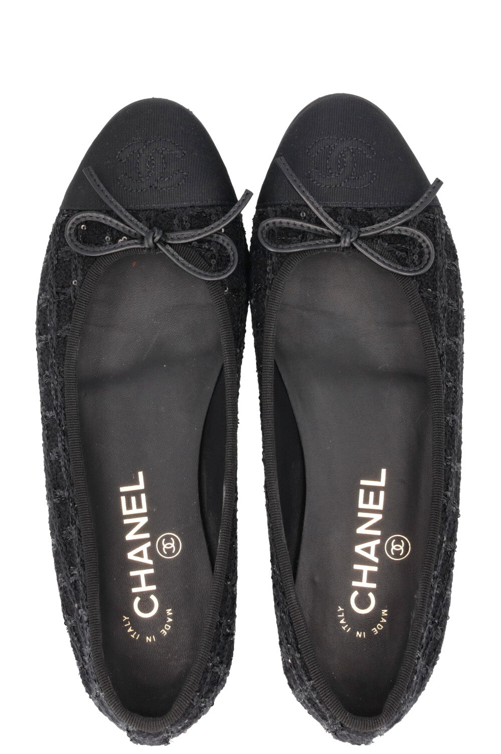 CHANEL Classic Ballet Flats Tweed Sequins Black