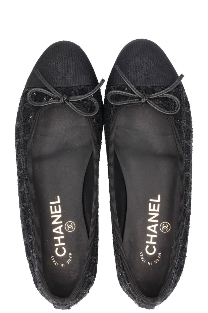 CHANEL Classic Ballet Flats Tweed Sequins Black