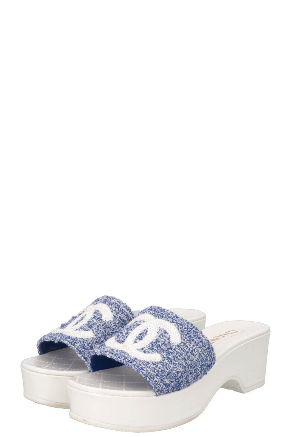 CHANEL CC Platform Mules Tweed Blue White