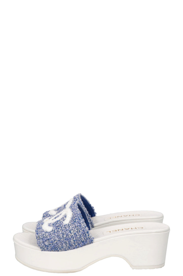 CHANEL CC Platform Mules Tweed Blue White
