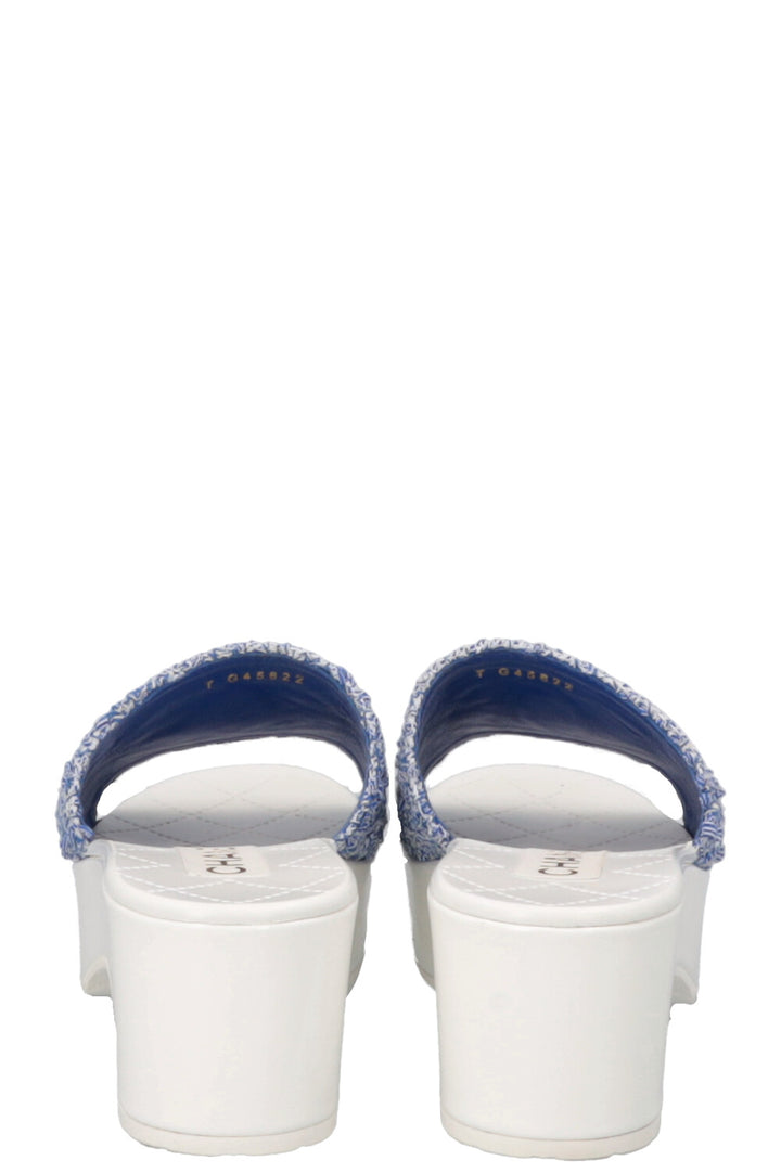 CHANEL CC Platform Mules Tweed Blue White