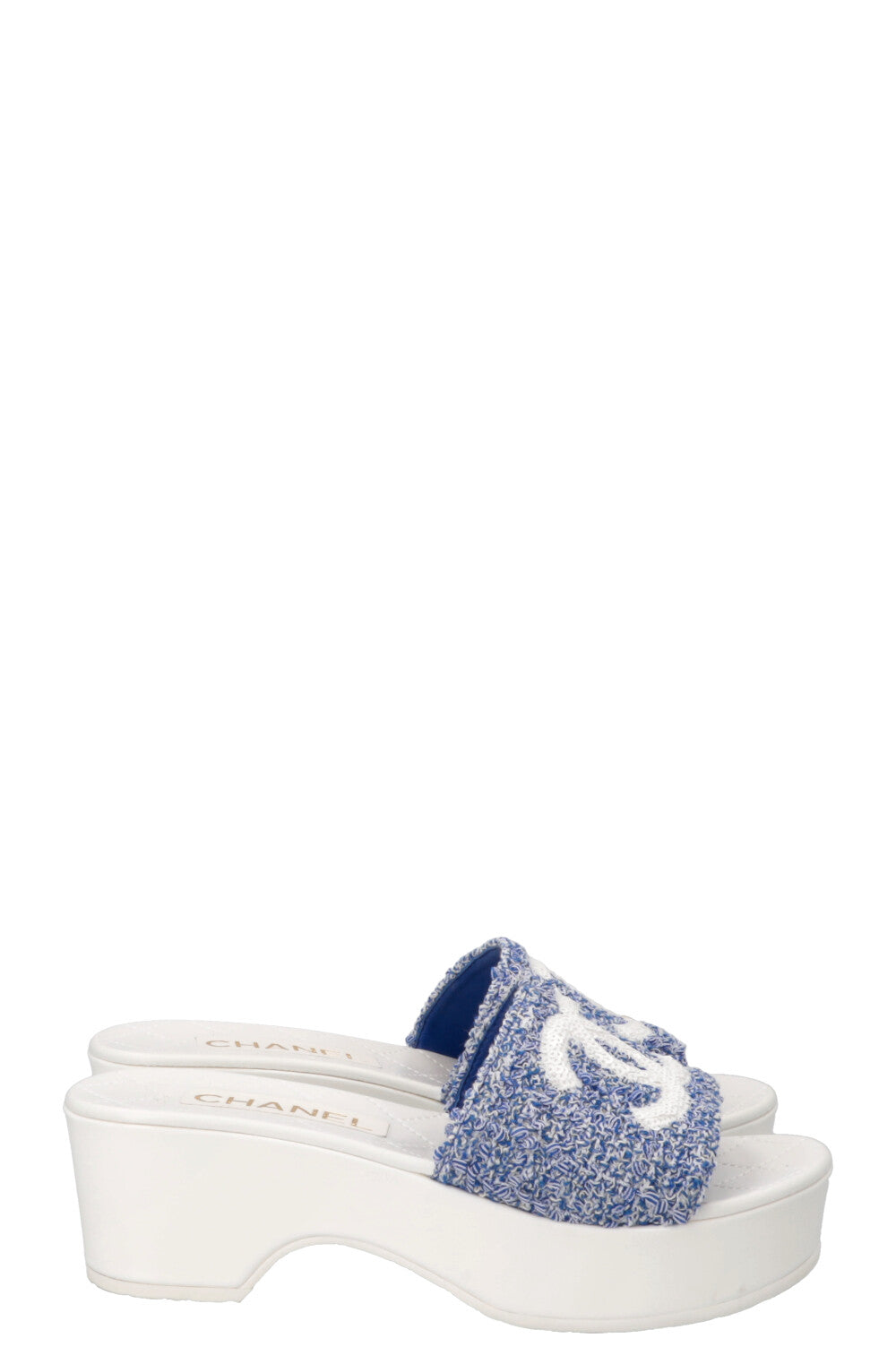 CHANEL CC Platform Mules Tweed Blue White