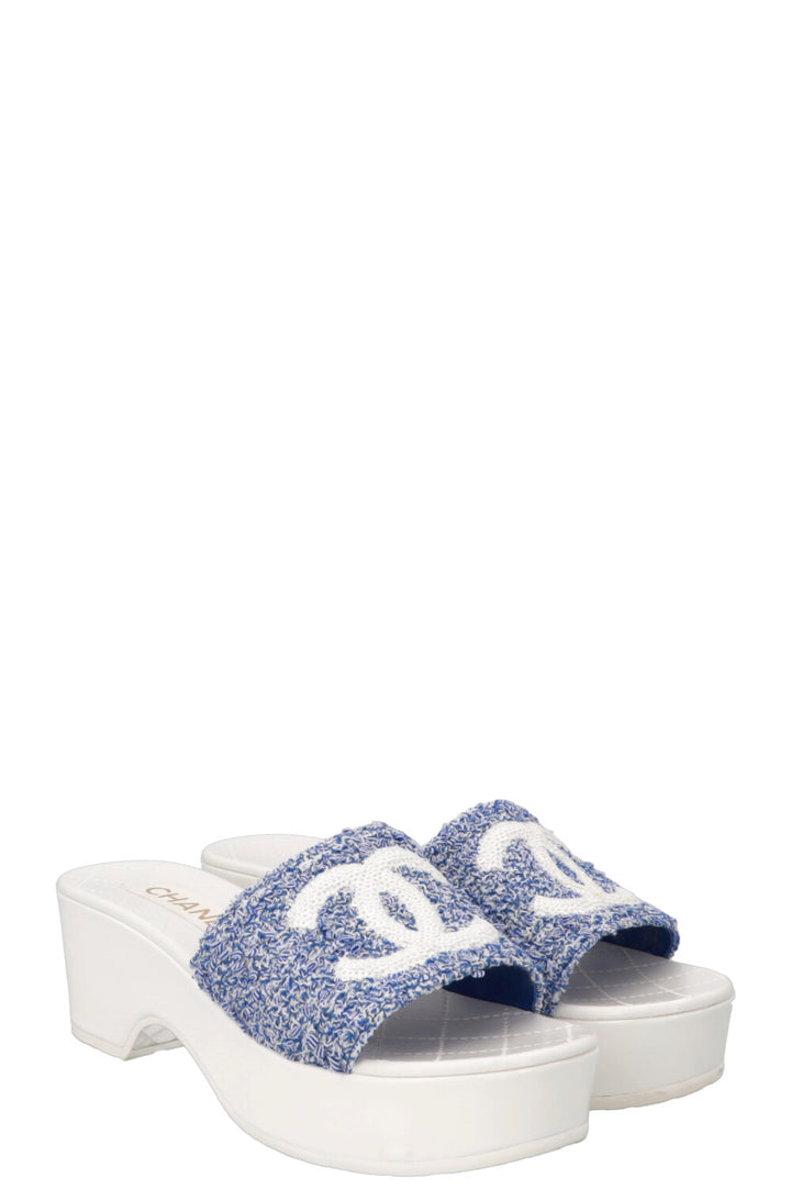 CHANEL CC Platform Mules Tweed Blue White