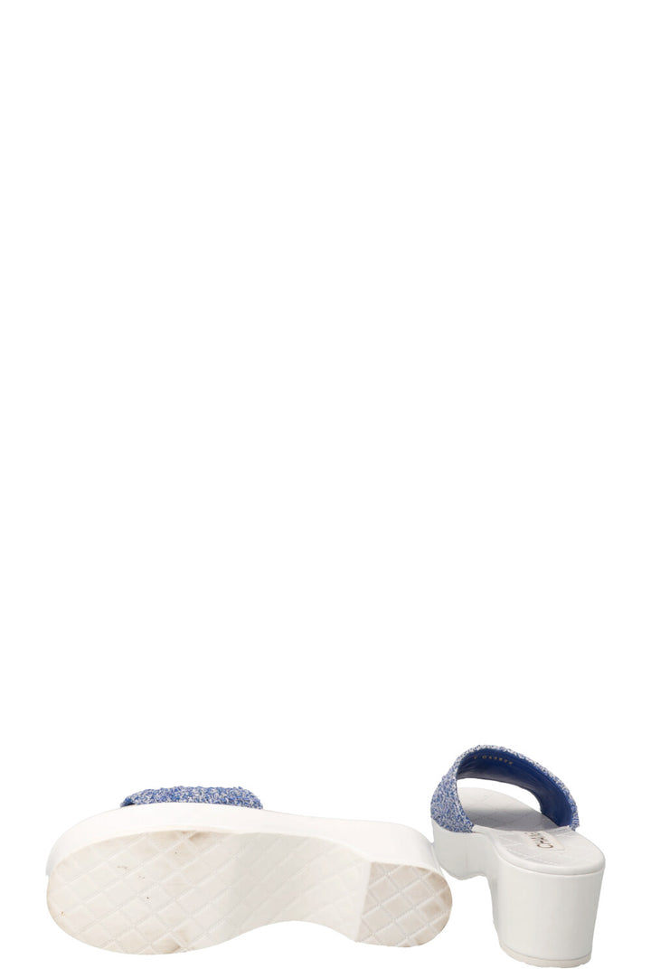 CHANEL CC Platform Mules Tweed Blue White