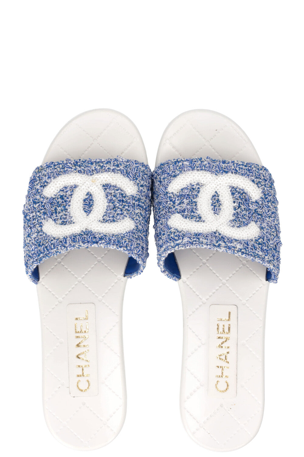 CHANEL CC Platform Mules Tweed Blue White